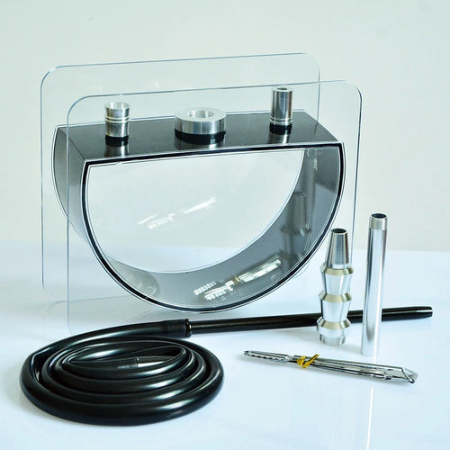 Shatter-resistant acrylic hookah set close-up showing durable construction, clay bowl, metal tongs, modern portable shisha design