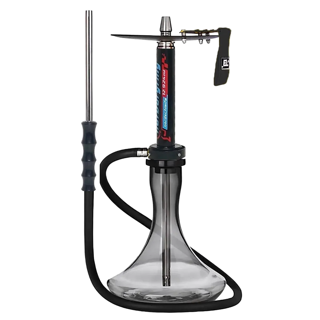 Black car hookah complete set with mirror-finish aluminum stem, crystal glass vase, premium hose, full assembly