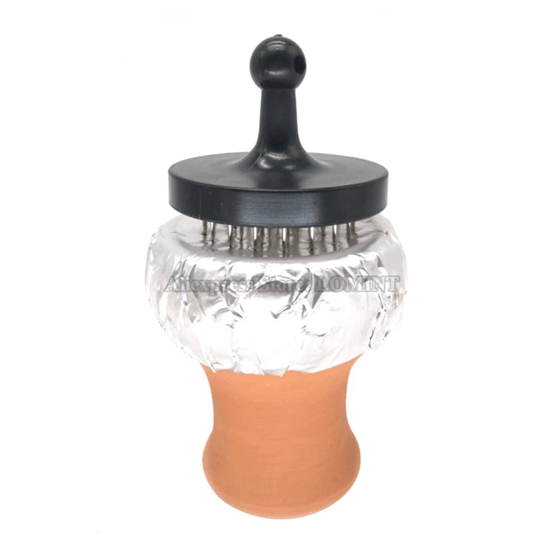 Black hookah foil poker tool vertical view on bowl, precision needle array for uniform hole spacing, professional foil preparation