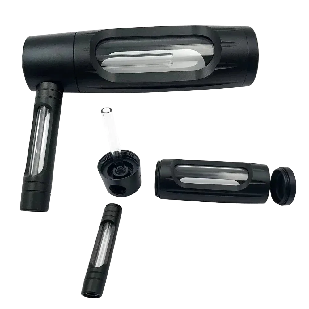 Black metal hookah kit components and parts layout, glass bowls, hose, all accessories, complete set display