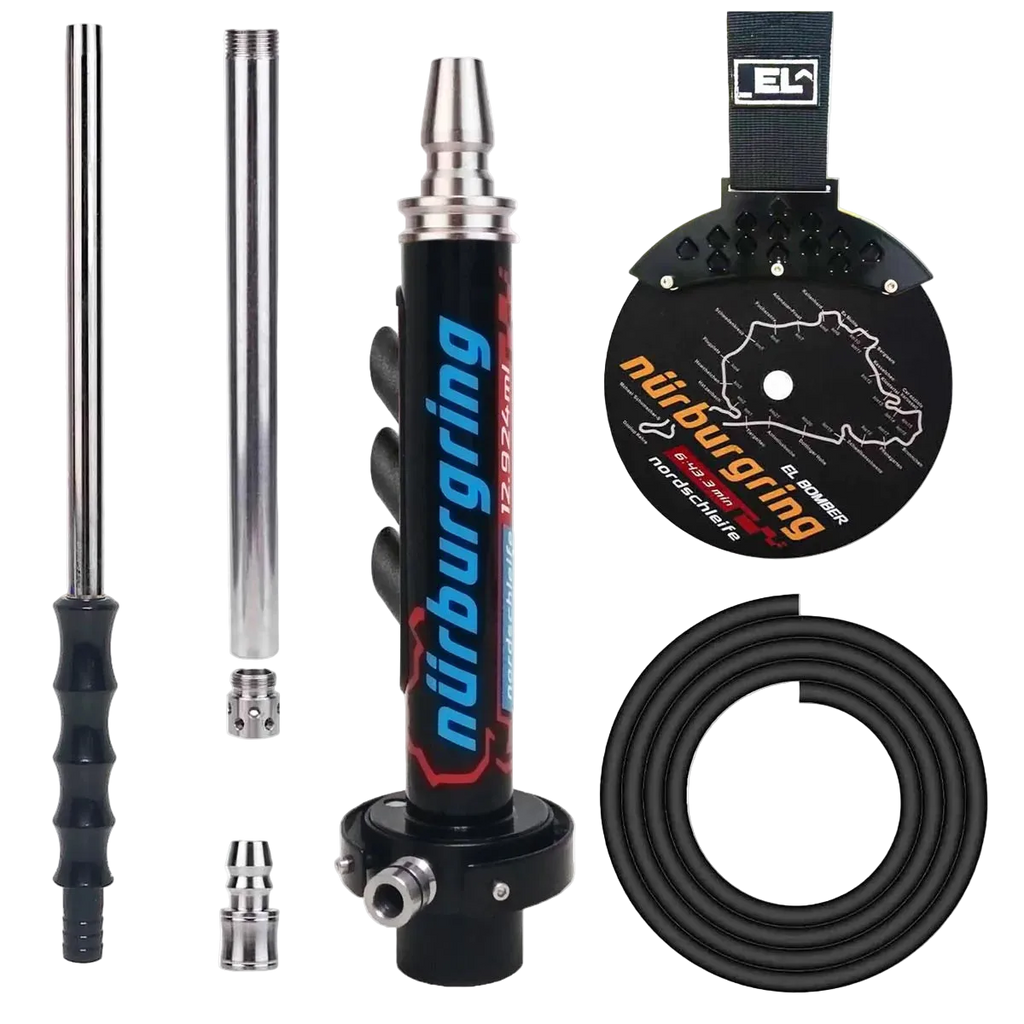 Blue and black car hookah complete components and accessories, aluminum stem, hose, bowl, tongs, all parts included display