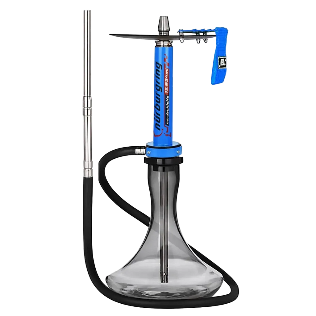 Blue car hookah complete set with mirror-finish aluminum stem, crystal glass vase, premium hose, full assembly
