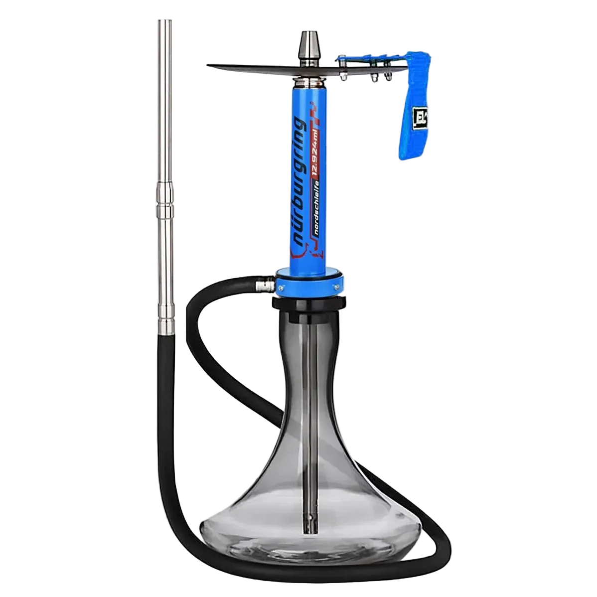 Blue car hookah complete set with mirror-finish aluminum stem, crystal glass vase, premium hose, full assembly
