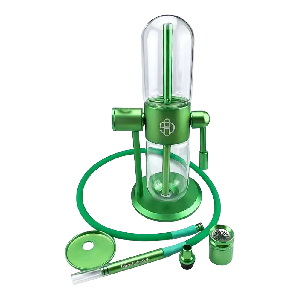 Green gravity hookah premium aluminum and glass shisha set, 39cm compact design, vibrant color gravity-based smoke delivery