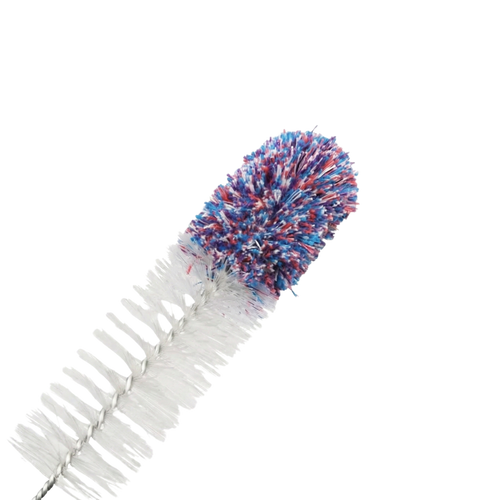 Hookah cleaning brush angled view, purple bristles, yellow handle, flexible wire stem for deep cleaning shisha pipes