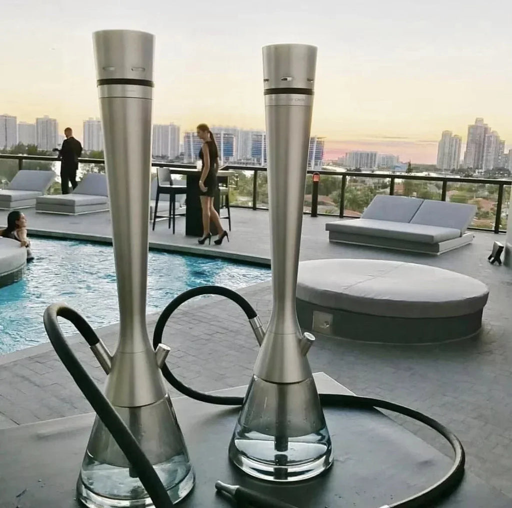 Luxury stainless steel hookah complete set outdoor lifestyle photo, premium accessories on tray, rooftop setting, all components included