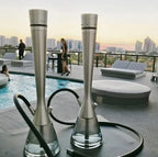 Luxury stainless steel hookah complete set outdoor lifestyle photo, premium accessories on tray, rooftop setting, all components included