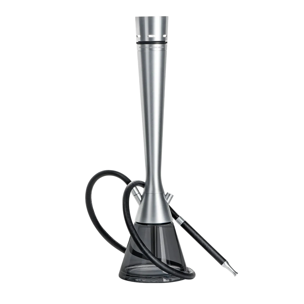 Luxury stainless steel hookah premium single hose, silver mirror-polished stem with black base, 30cm height, complete with tongs and hose, full display