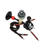 Metal hookah charcoal holder heat management components layout, dual hoses, tongs, glass base, all parts display