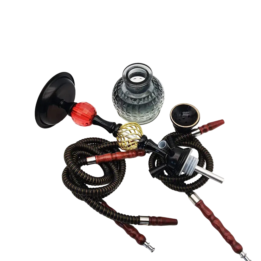 Metal hookah charcoal holder heat management components layout, dual hoses, tongs, glass base, all parts display