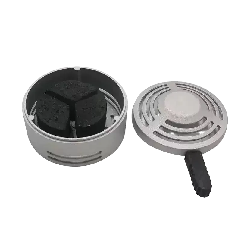 Metal hookah charcoal holder heat management device for precise temperature control with coals in it with a transparent background