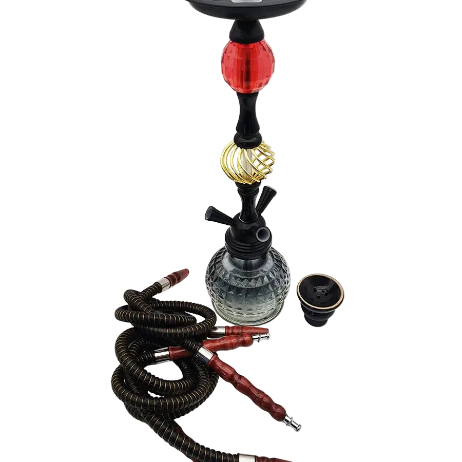 Metal hookah charcoal holder heat management device vertical view, black finish with red and gold accents, premium construction