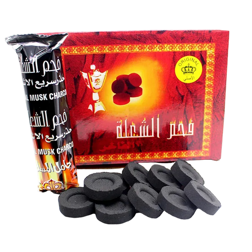 Premium coconut shell hookah charcoal 25 pieces with red gold Arabian packaging box, natural coal cubes 33mm, lounge-quality charcoal display