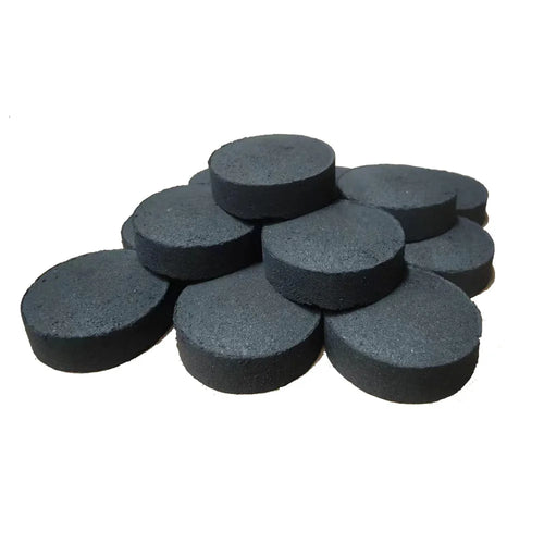 Premium coconut shell hookah charcoal cubes 33mm close-up, black natural coal pieces, long-lasting burn time, minimal ash production