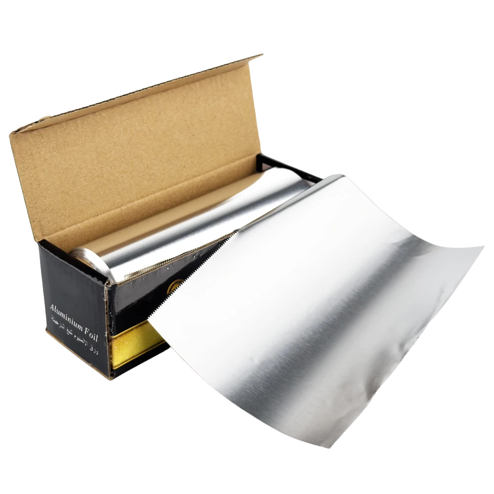 Premium hookah aluminum foil 15 meters with built-in saw blade cutter in color box, 0.03mm thickness, mirror finish roll display