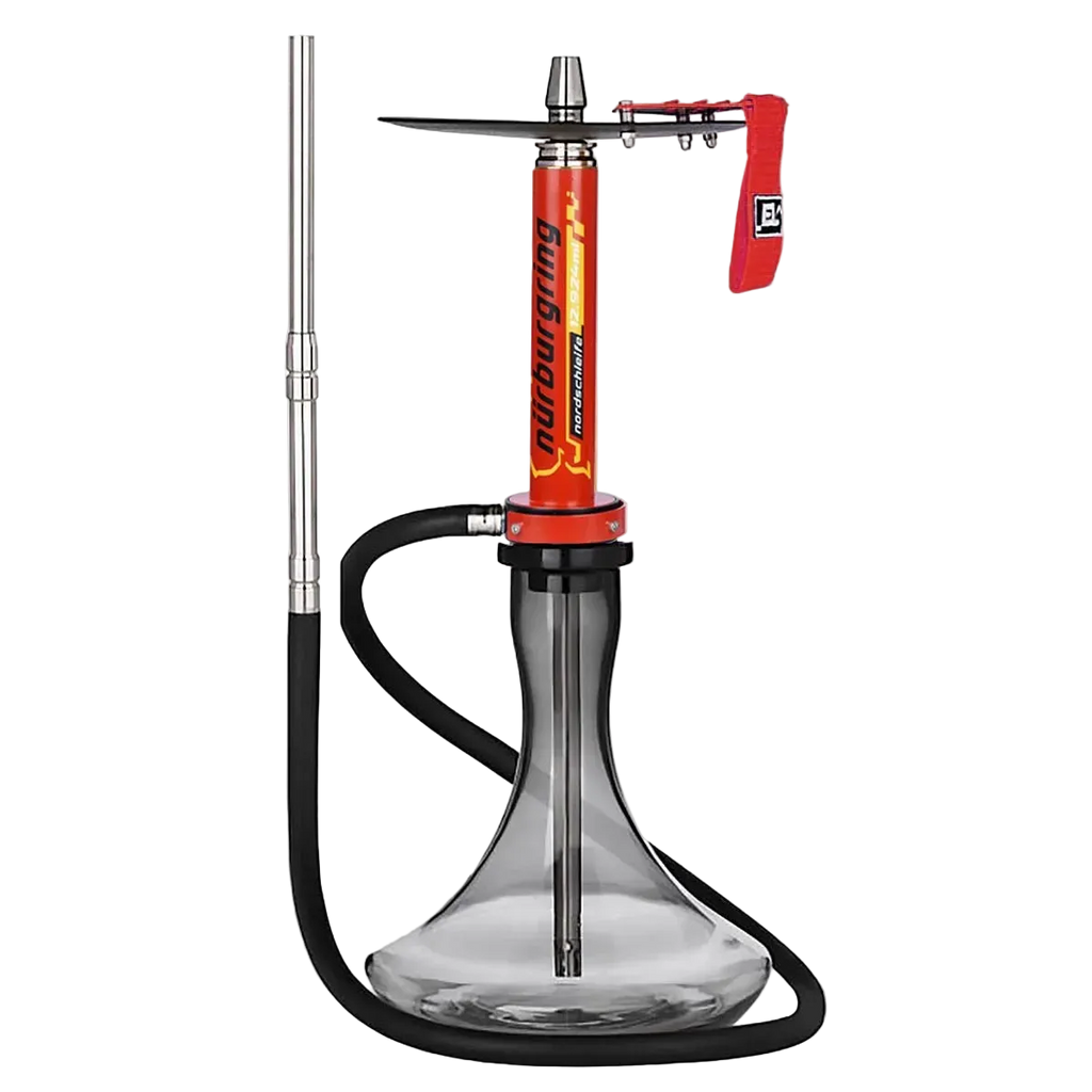 Red car hookah complete set with mirror-finish aluminum stem, crystal glass vase, premium hose, full assembly
