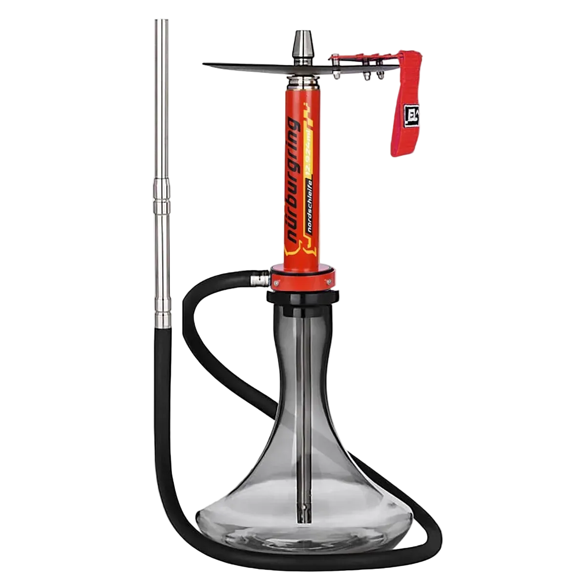 Red car hookah complete set with mirror-finish aluminum stem, crystal glass vase, premium hose, full assembly

