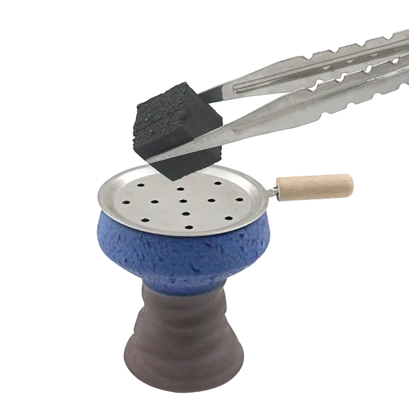 Silver stainless steel hookah charcoal tongs in use holding hot charcoal on shisha bowl, heat-resistant design for safe coal management