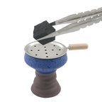 Silver stainless steel hookah charcoal tongs in use holding hot charcoal on shisha bowl, heat-resistant design for safe coal management