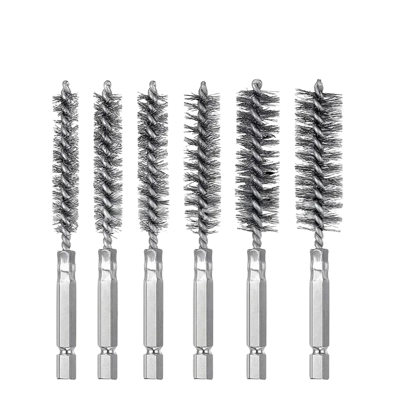 6-piece stainless steel pipe cleaning brush set with 1/4 inch hexagonal bar, twisted wire bristle brushes for hookah stems, hoses, and smoking pipes