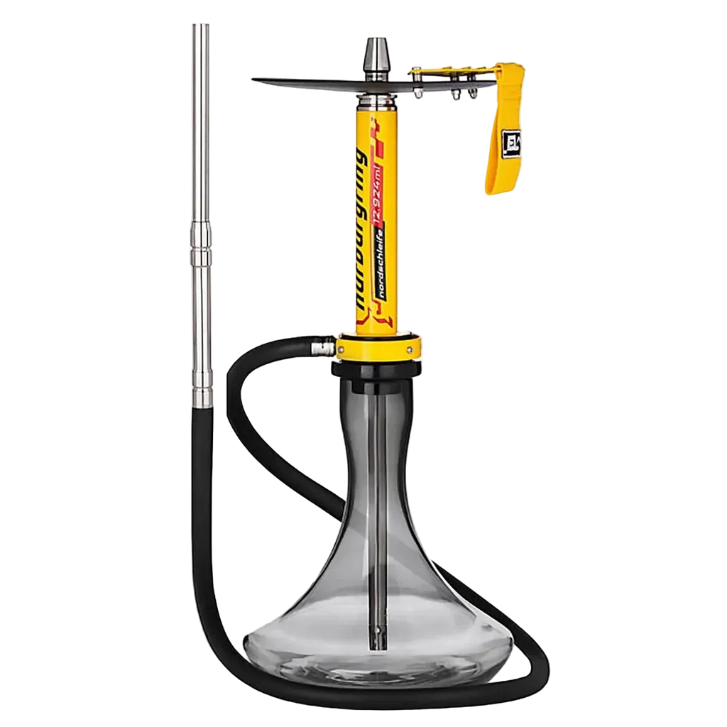 Yellow gold car hookah complete set with mirror-finish aluminum stem, crystal glass vase, premium hose, full assembly view