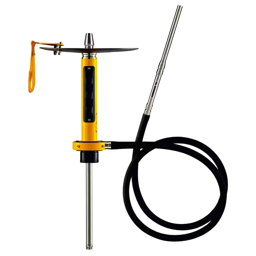 Yellow gold car hookah disassembled showing aluminum stem, hose, easy assembly design, premium components