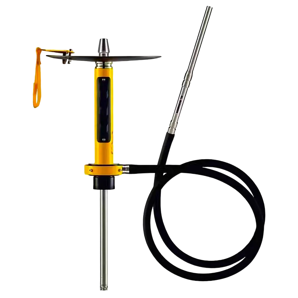 Yellow gold car hookah disassembled showing aluminum stem, hose, easy assembly design, premium components