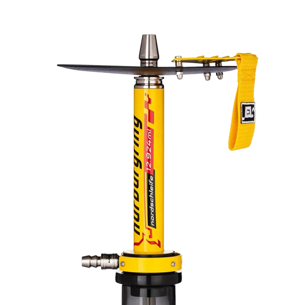 Yellow gold car hookah side angle view, mirror-finish aluminum alloy stem, crystal glass vase, elegant design