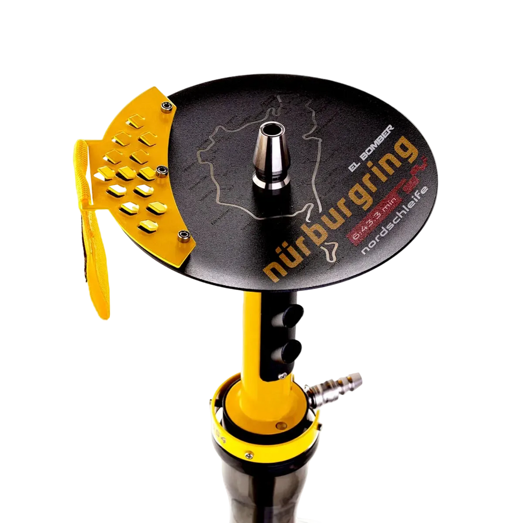 Yellow gold car hookah top view showing bowl placement, mirror-finish aluminum construction, premium quality detail